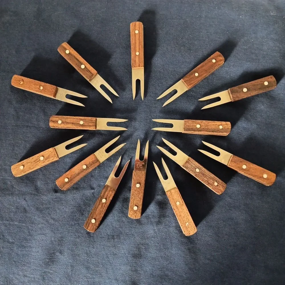 Vintage MCM Japan Stainless Steel Corn Cob Appetizer Forks Hardwood Handles Lot